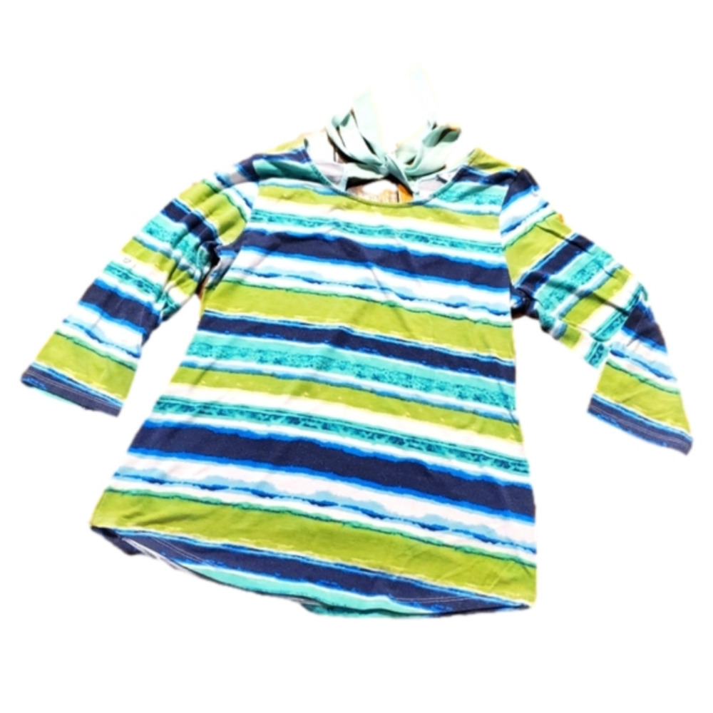 Blue, Green, White Striped Half Sleeve Top XL